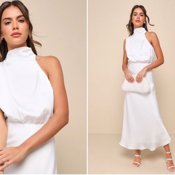 LULU's Bridal HIneymoon Engagement White Satin Modest Halter Mermaid Midi Dress - Picture 1 of 4
